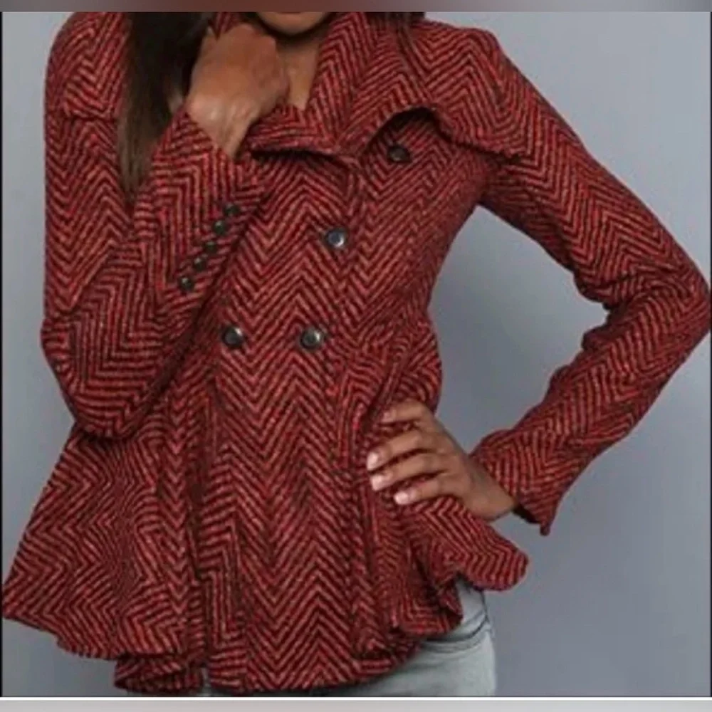 Free People Rust Chevron Tweed Peplum Coat Jacket Size XS - Picture 9 of 13